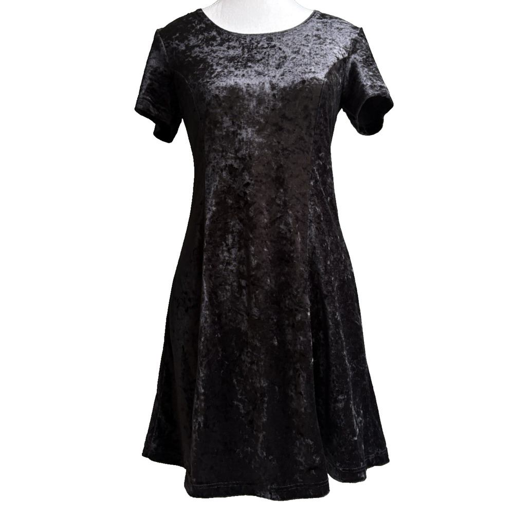 Black Crushed Velvet Mini Dress Short Sleeve Stretch Party Y2K 90s Grunge XS/S/M